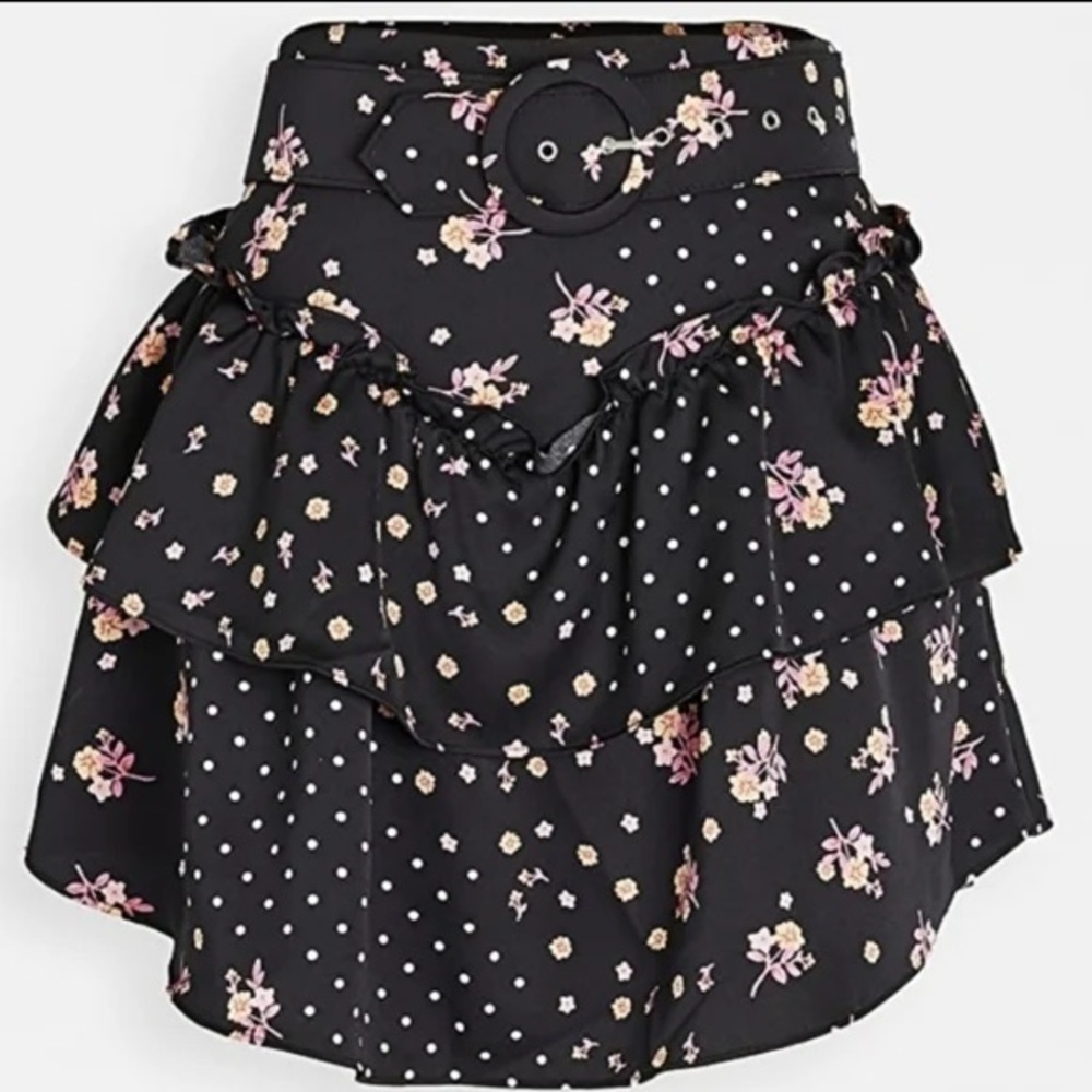 NWT For Love & Lemons Belted Mini Skirt Black Floral